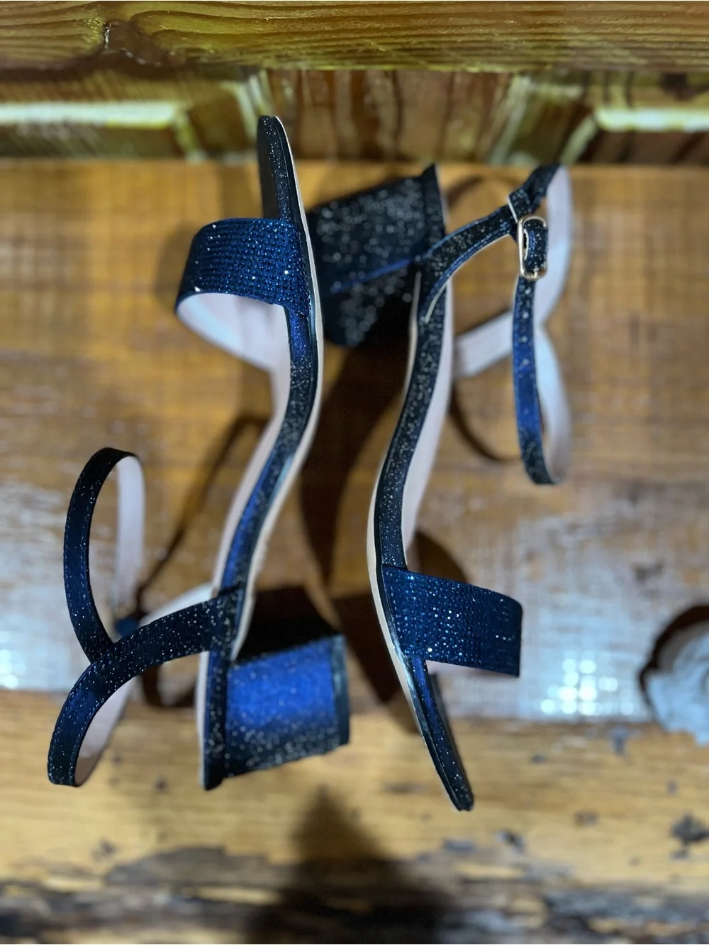 Sparkle Navy Ankle-Strap Block Heel Sandals